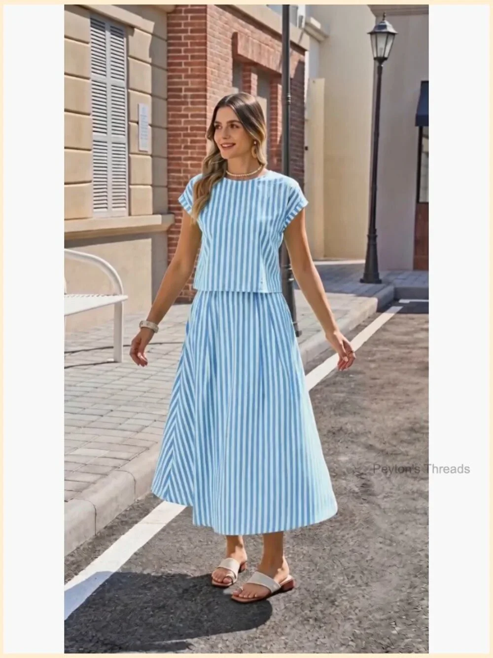 Striped 2 Piece Skirt Set Cap Sleeve Top Midi Dress Travel Vacation Outfits